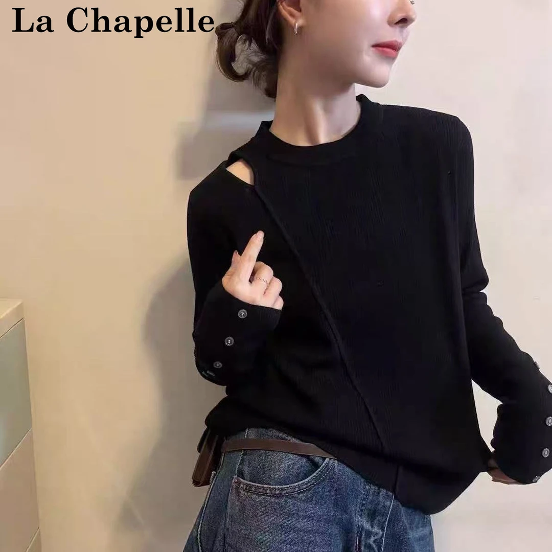 拉夏贝尔镂空露肩针织衫女2025秋冬装新款设计感女装时尚打底衫潮