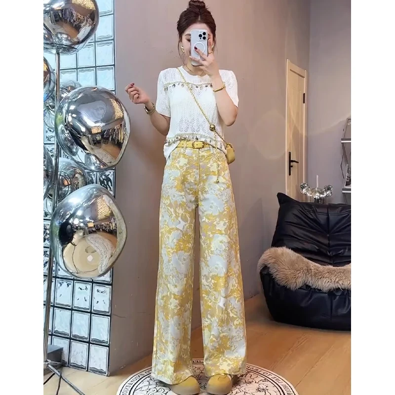 复古油画风印花牛仔裤女夏季2025新款黄色扎染裤子垂感宽松阔腿裤