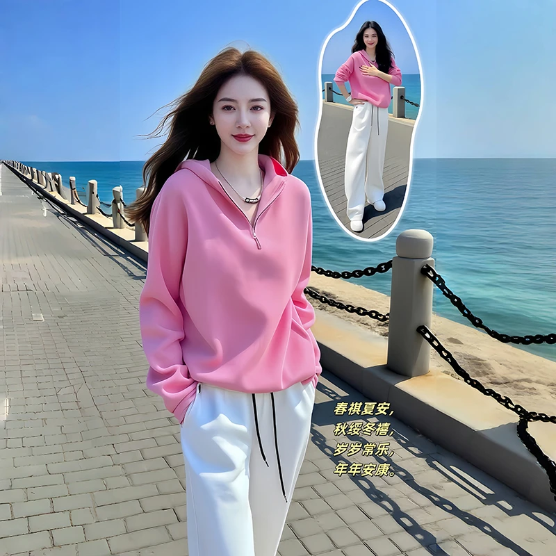 粉色休闲运动套装女2025新款洋气减龄卫衣阔腿裤春秋季穿搭一整套