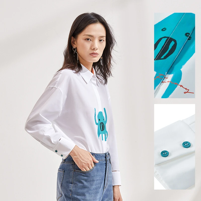 FF时尚百搭印花图案长袖白色衬衫女FE00269