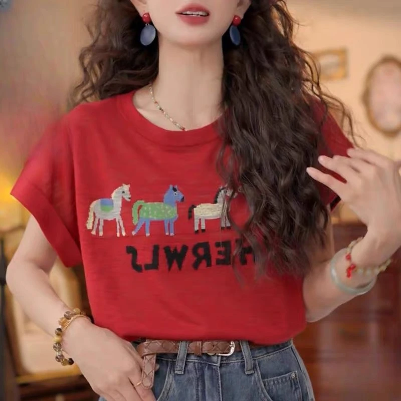 卡通刺绣冰丝针织衫女2025夏装新款港风复古圆领短袖短款上衣5225