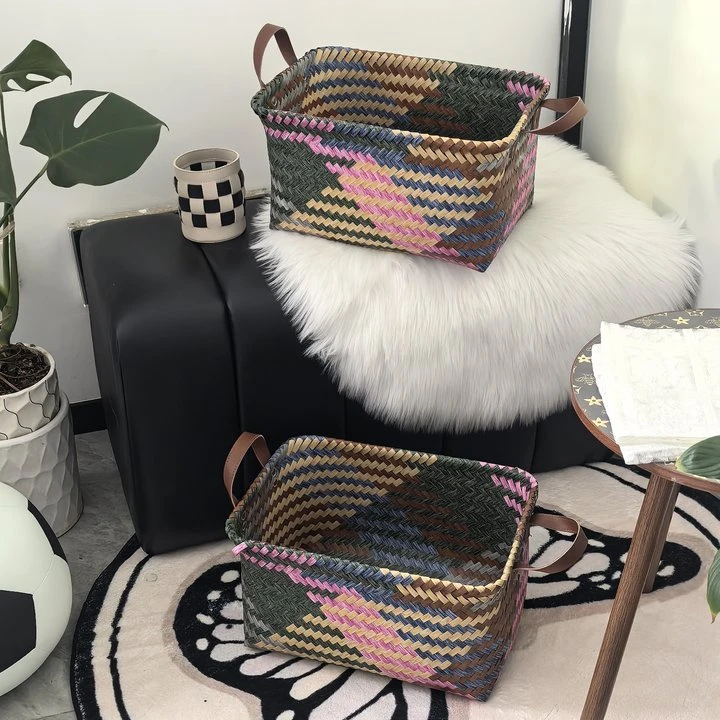 【拍一发二】新款六彩藤编收纳筐玩具脏衣服篮PU把手仿藤收纳箱摆件