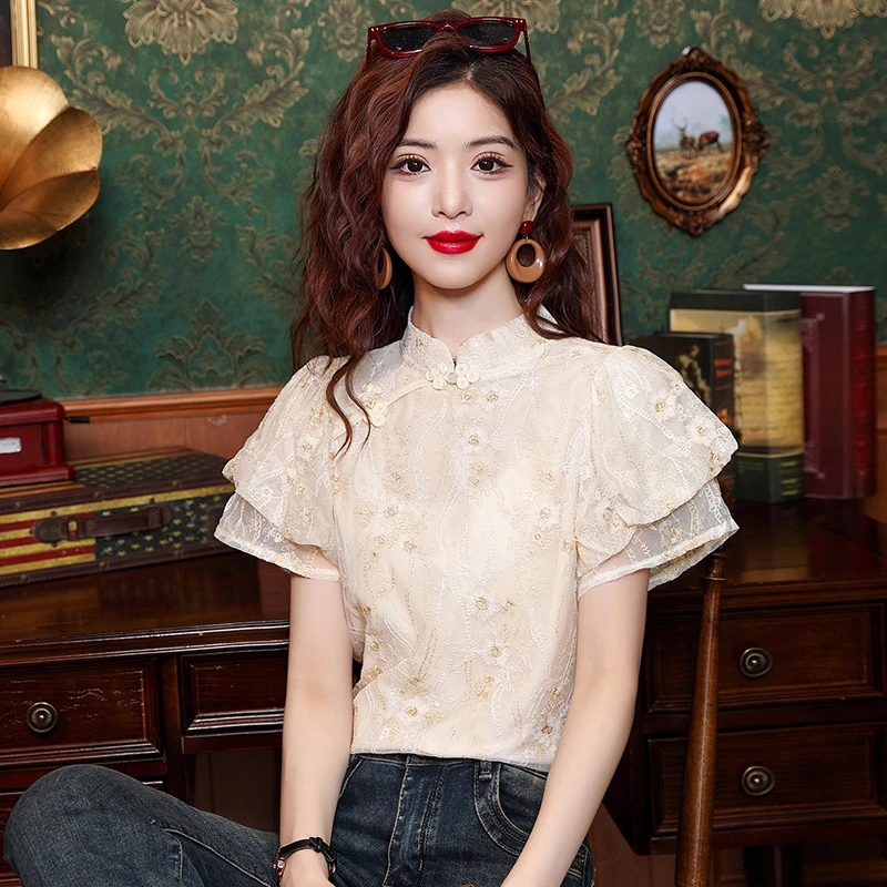 国风盘扣立领泡泡袖蕾丝衬衫女夏季2025年新款新中式漂亮小衫上衣