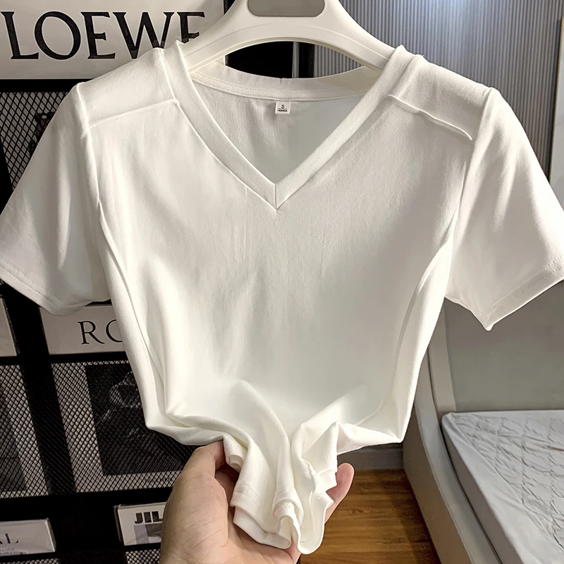 白色夏季鱼骨V领上衣修身百搭显瘦短袖t恤女士正肩体恤衫ins潮流
