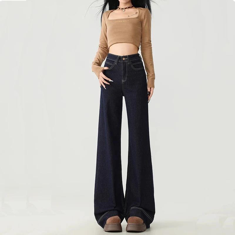 大码丹宁蓝复古水洗阔腿牛仔裤女夏季新款高腰宽松小个子直筒裤子