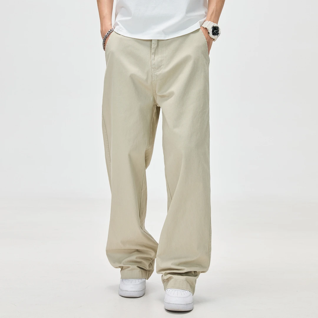 纯棉休闲裤男生痞帅秋季宽松直筒美式潮牌裤子纯色高街阔腿长裤