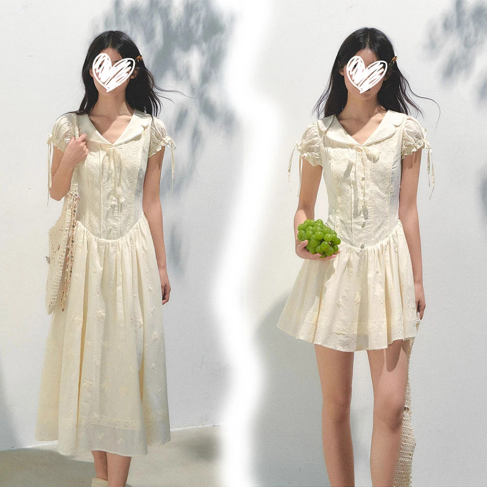 【日落公园】花苞袖设计感蝴蝶结绑带连衣裙女小众甜美收腰茶歇裙