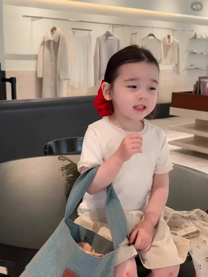 女童米色花边短袖上衣（KK-25110-夏A）