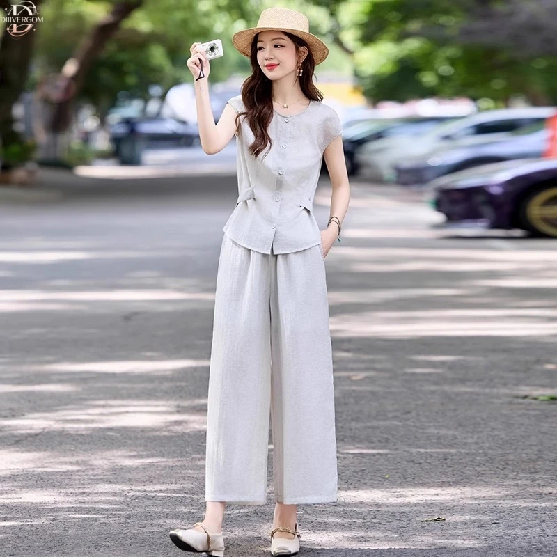 时尚气质显瘦慵懒风套装女夏季新款高级感无袖上衣阔腿裤两件套