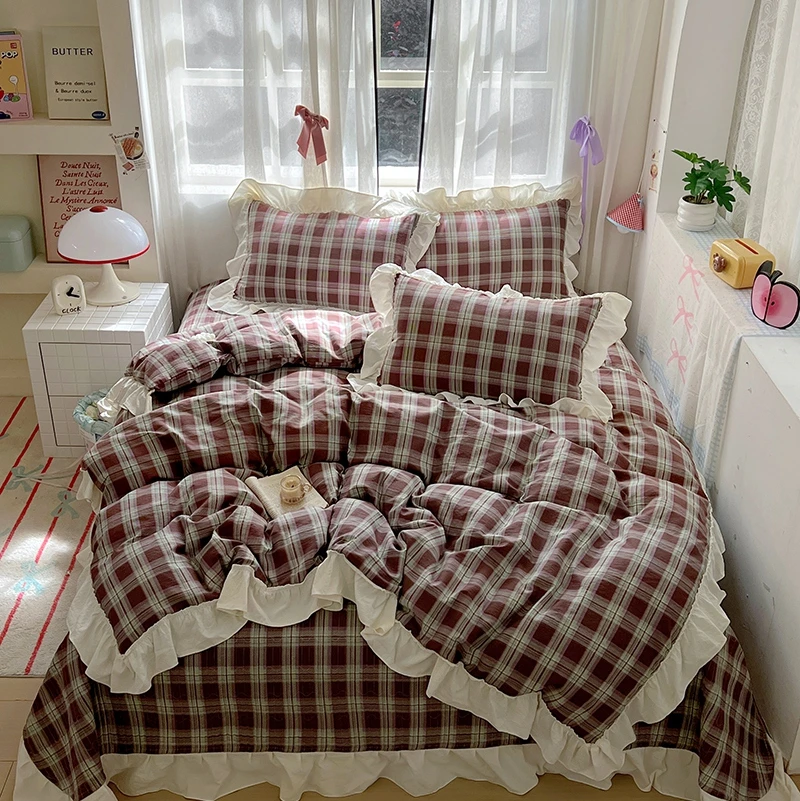 2025新款皱皱纱花边被套床盖四件套床笠款三件套网红床上用品床品