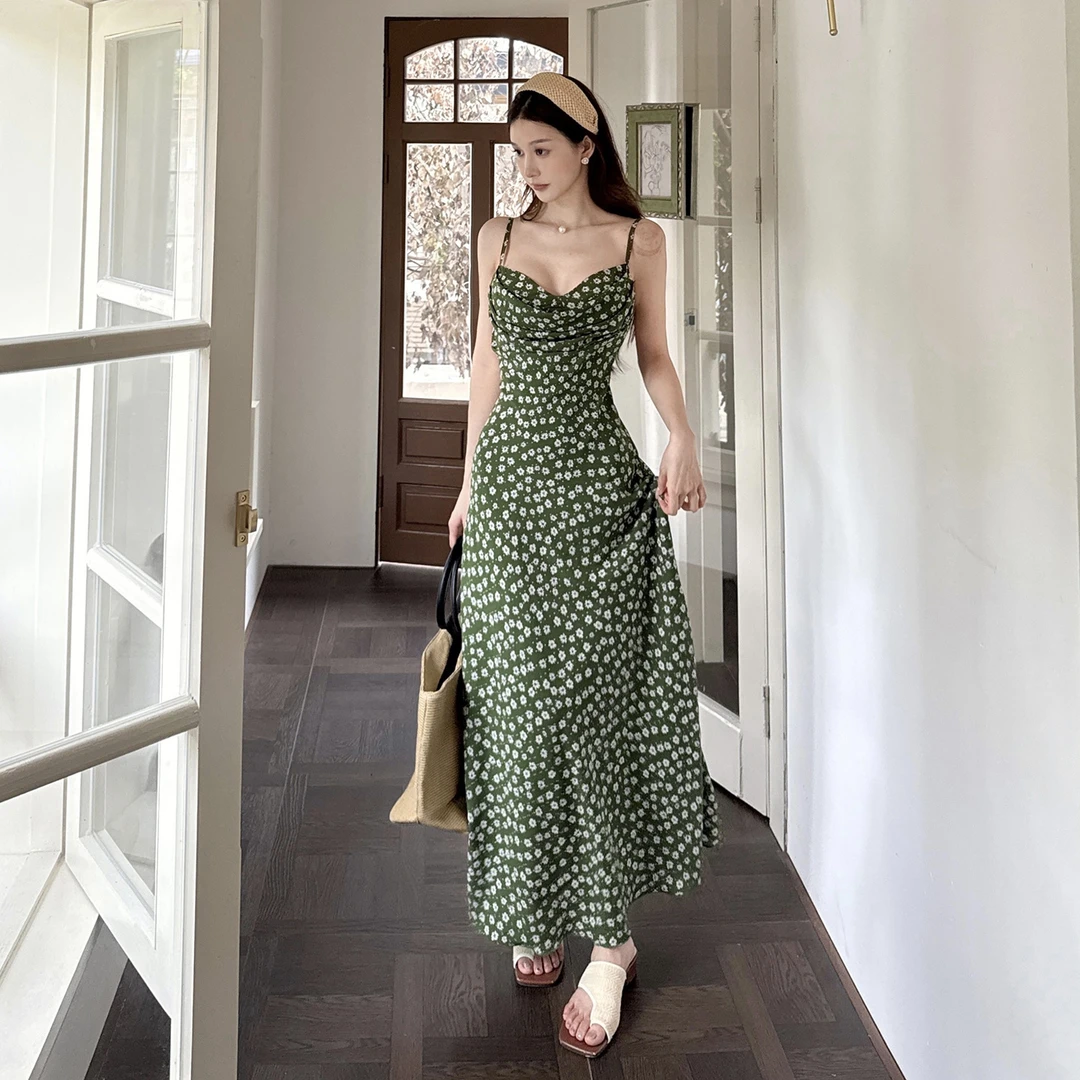 夏季法式大露背绑带收腰大摆长裙