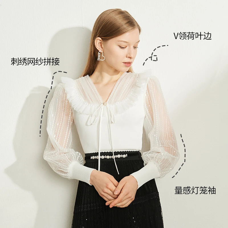 【薇薇专属】恩曼琳春季刺绣网纱拼接V领荷叶边针织衫EANDAA68
