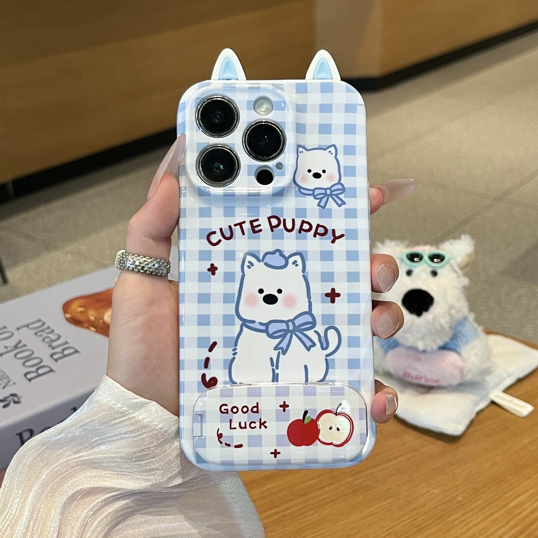 雅天立蓝白格纹西高地耳朵适用苹果16手机壳17/15华为vivoppo小米