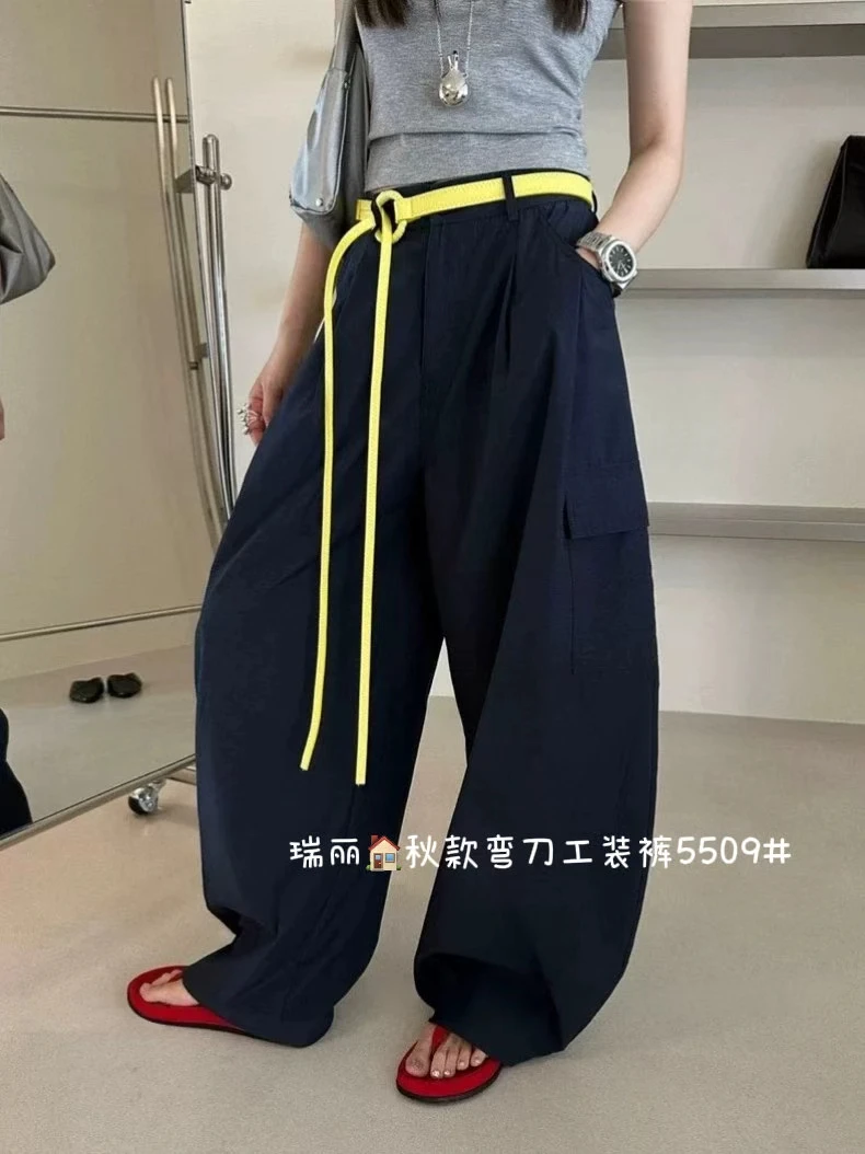 韩版时尚百搭大口袋拼接工装裤夏季宽松显瘦直筒阔腿款式
