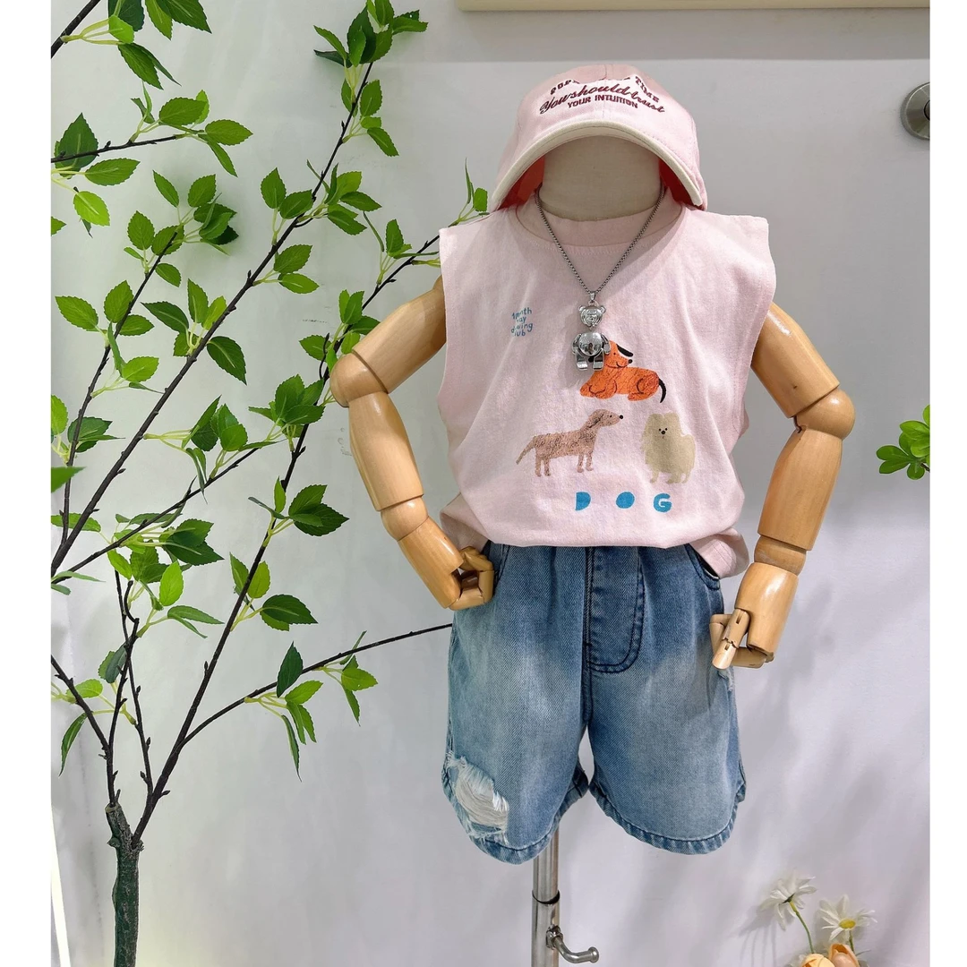 2025无袖背心牛仔套装儿童女童男童蓝色夏季印花韩版卡通时尚休闲