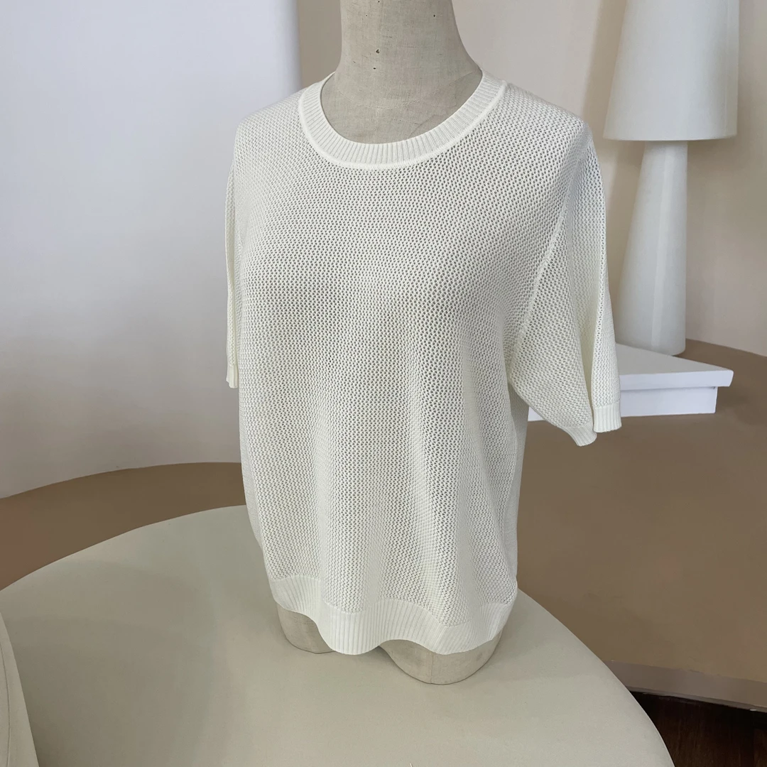 【120支扬子纱～女圆领】100纯羊毛简约镂空针织短袖T恤女