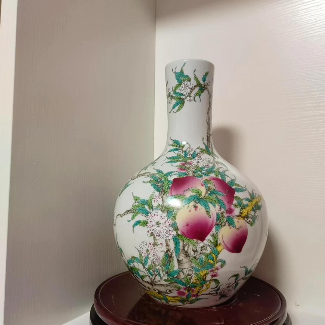 景德镇陶瓷粉彩九桃五福天球瓶