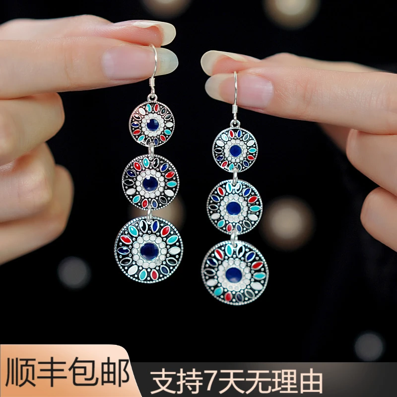 A99百搭气质国风手工个性重工烤蓝百搭民族风银勾耳饰