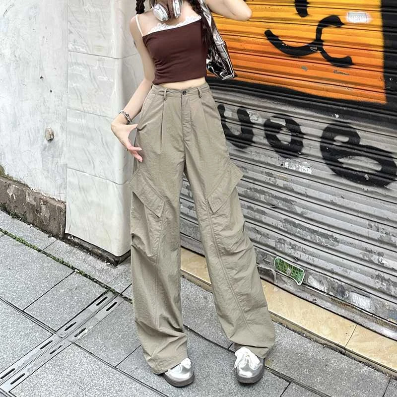 美式复古工装裤女夏季薄款灰色高腰直筒阔腿裤小个子速干运动批发