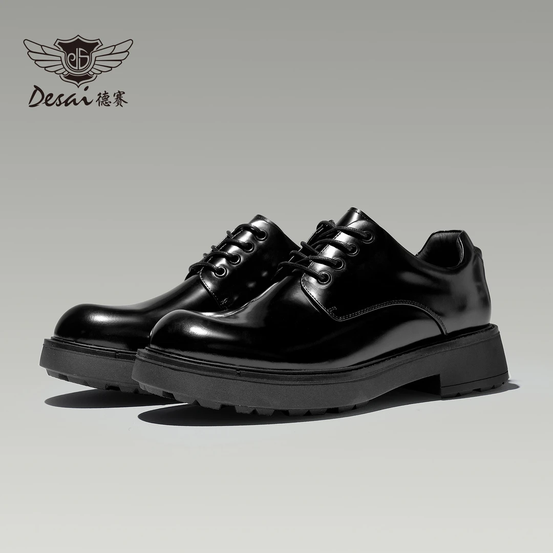 【德赛】冬季男士透气百搭英伦风黑色圆头厚底宽楦德比鞋休闲男皮鞋