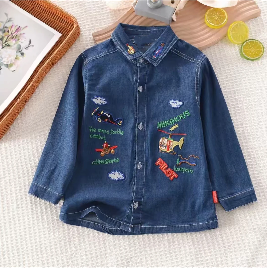 （现货）日系儿童新款软牛仔麻子熊衬衣 宝宝飞机刺绣Polo