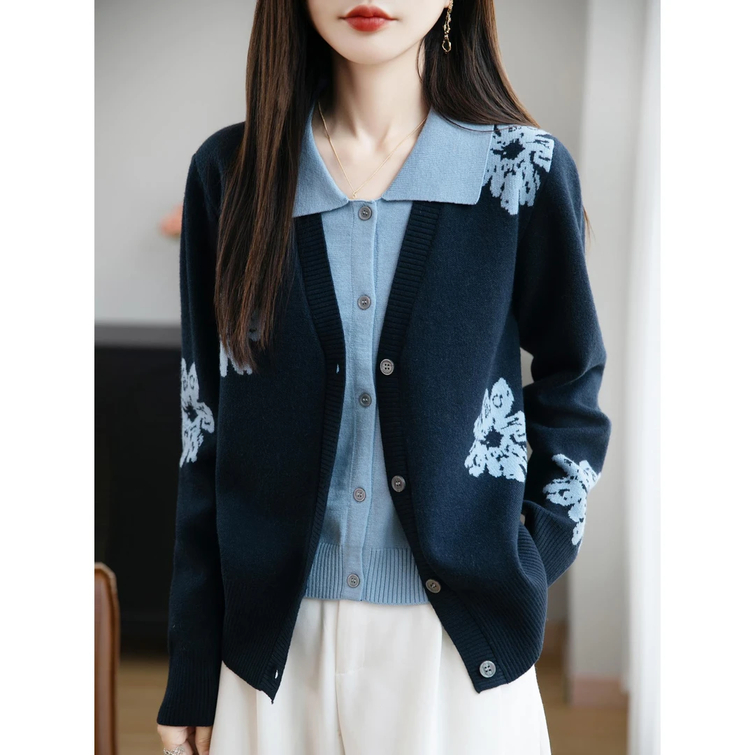 重工提花撞色假两件POLO领开衫女外套毛衣2025新款格雷系外搭上衣