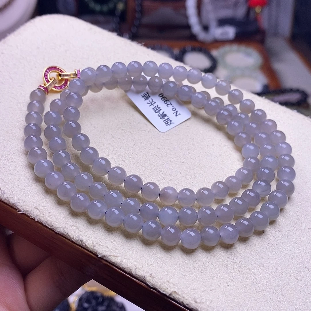 颈饰未镶嵌和田玉毕业级老坑料高冰烟紫珠链6m