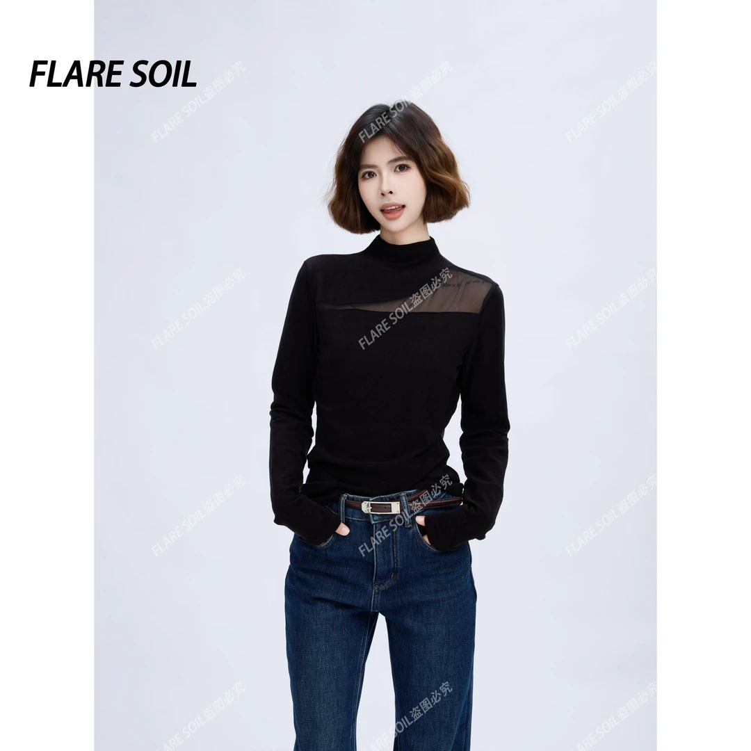 【FLARE SOIL】高领长袖镂空蕾丝网纱拼接长袖韩系街头穿搭 T40096A