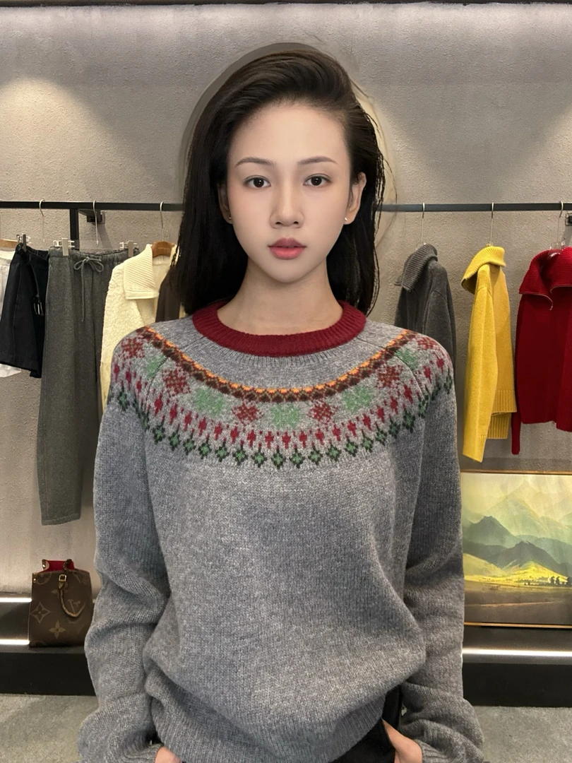 拼色常规保暖女费尔岛绵羊毛秋冬提花网红时尚百搭