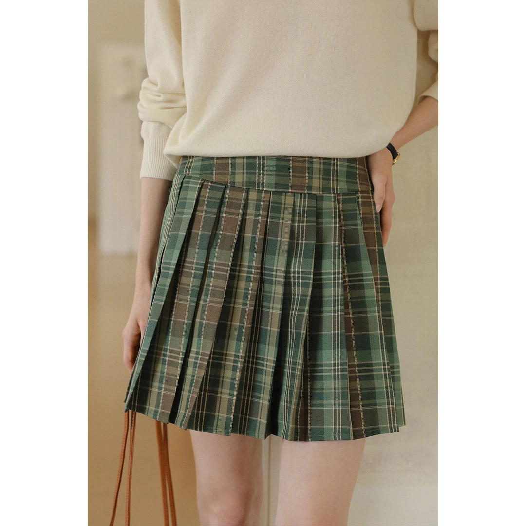 MELLIIY 2025年新款复古学院风A字百褶裙短款格纹半身裙35248387