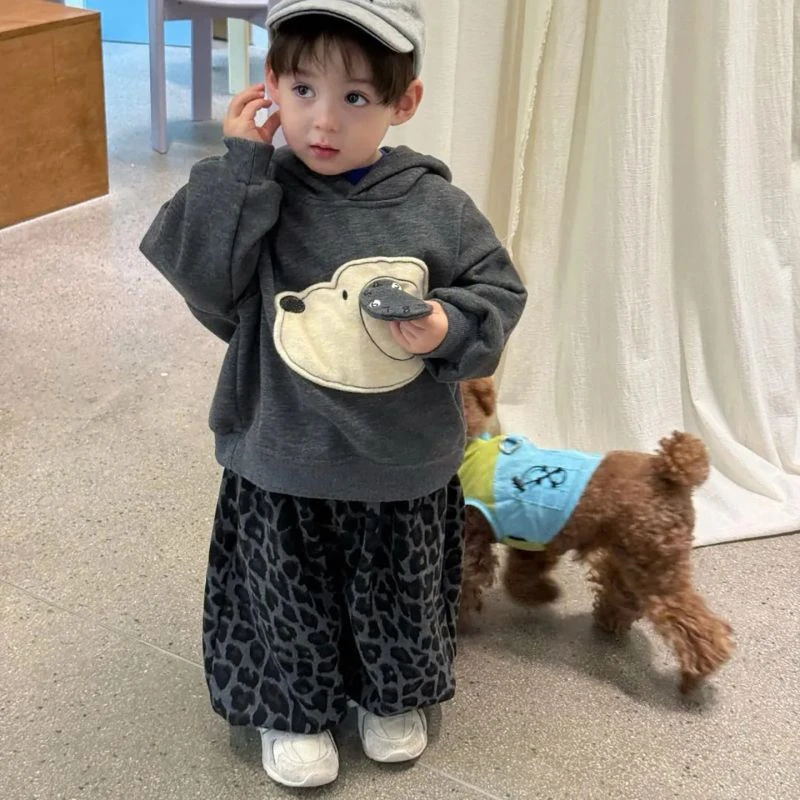 儿童秋冬卫衣套装男女宝宝卡通洋气可爱加绒加厚连帽卫衣豹纹裤子