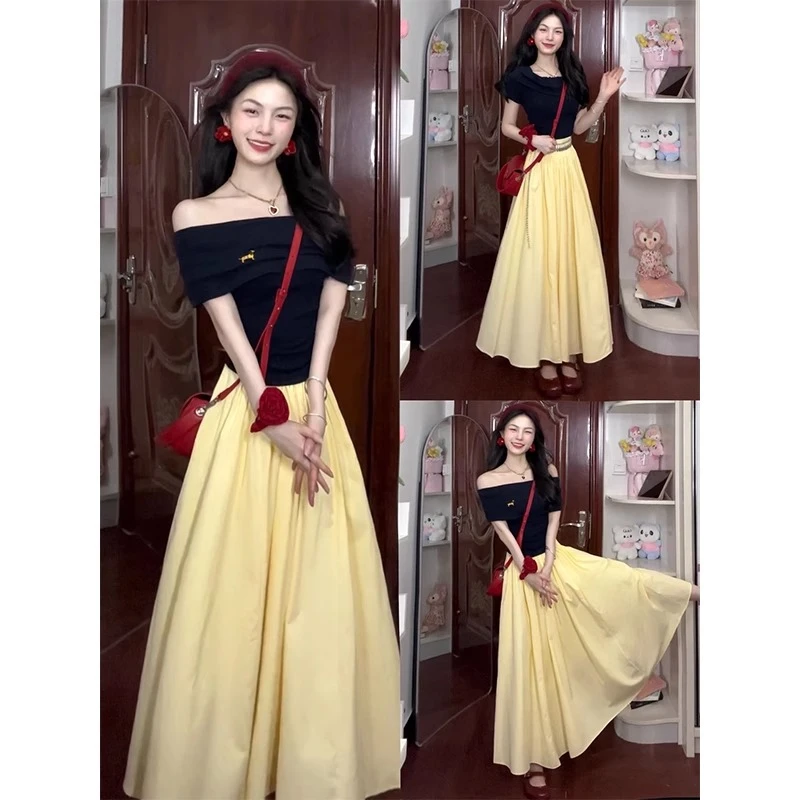 黄色半身裙女夏季2025新款a字长款半身裙小个子高腰显瘦垂感伞裙