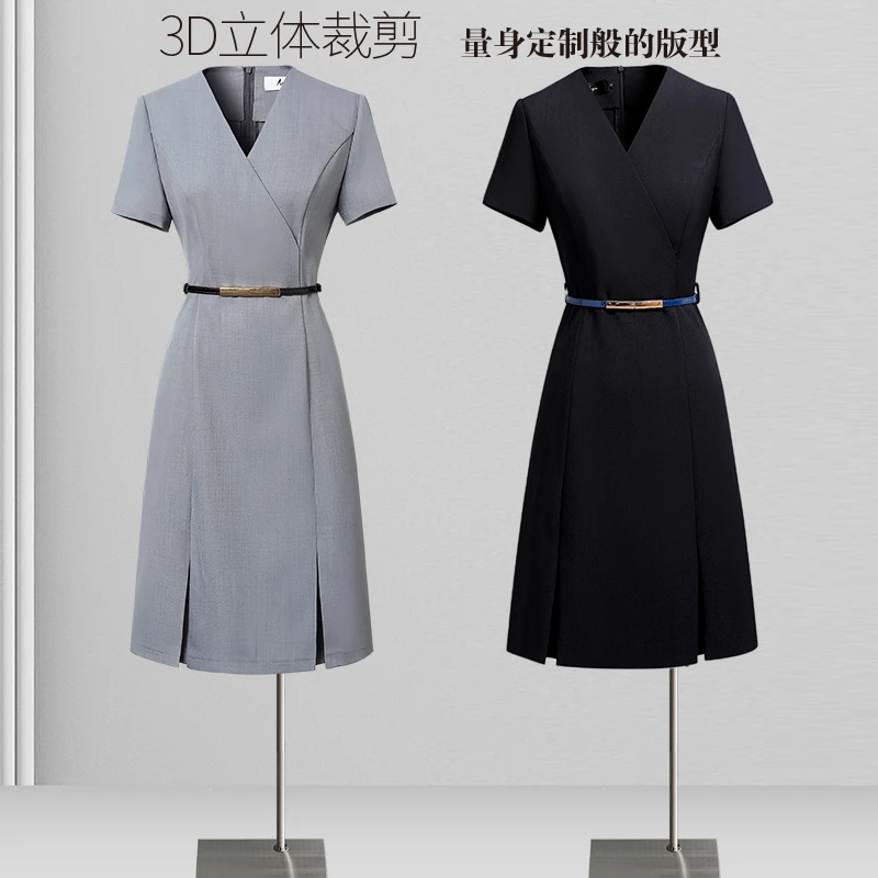 职业连衣裙女夏季短袖职场通勤上班族白领销售导购工作服A字裙薄