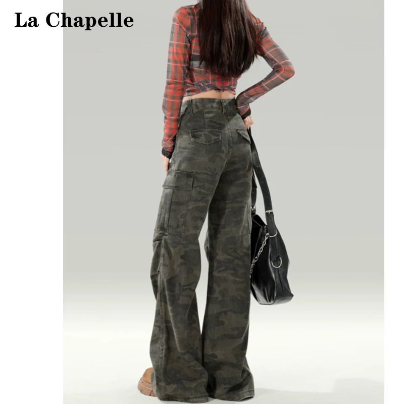 La Chapelle/拉夏贝尔美式复古迷彩微喇牛仔裤女2025春款工装裤子