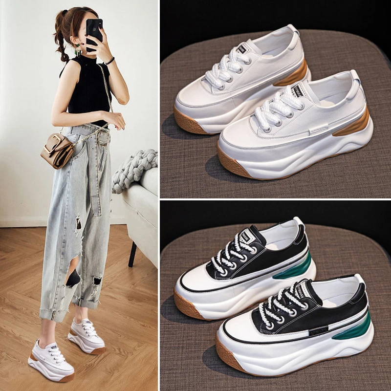 内增高小白鞋女2025春季新款百搭厚底松糕女鞋真皮休闲运动阿甘鞋