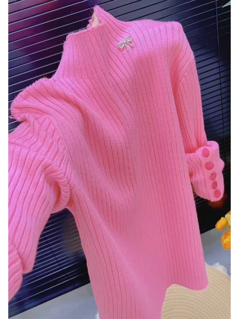 温柔风甜美粉色半高领蝴蝶结装饰针织衫女秋冬氛围感时尚洋气毛衣