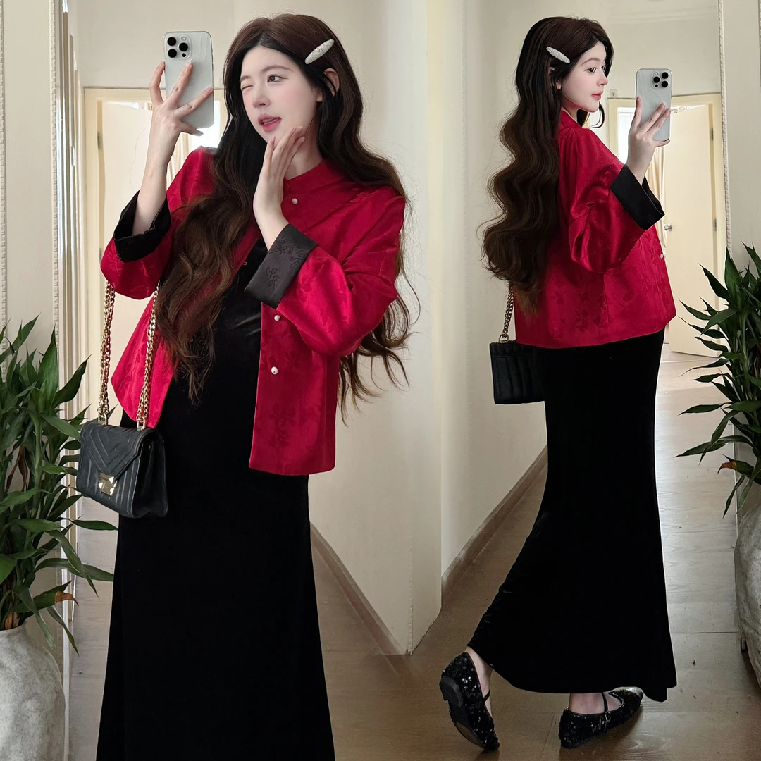 时髦孕妇装新款2025新款新中式国风套装中国红外套配吊带裙两件套