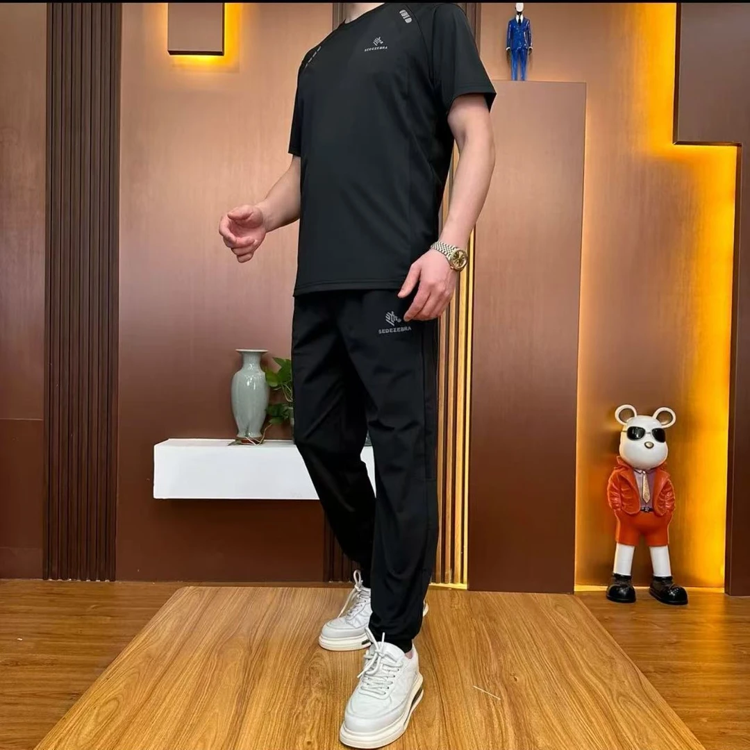 速干运动套装冰丝休闲长裤运动服夏季薄款套装男士短袖潮流两件套