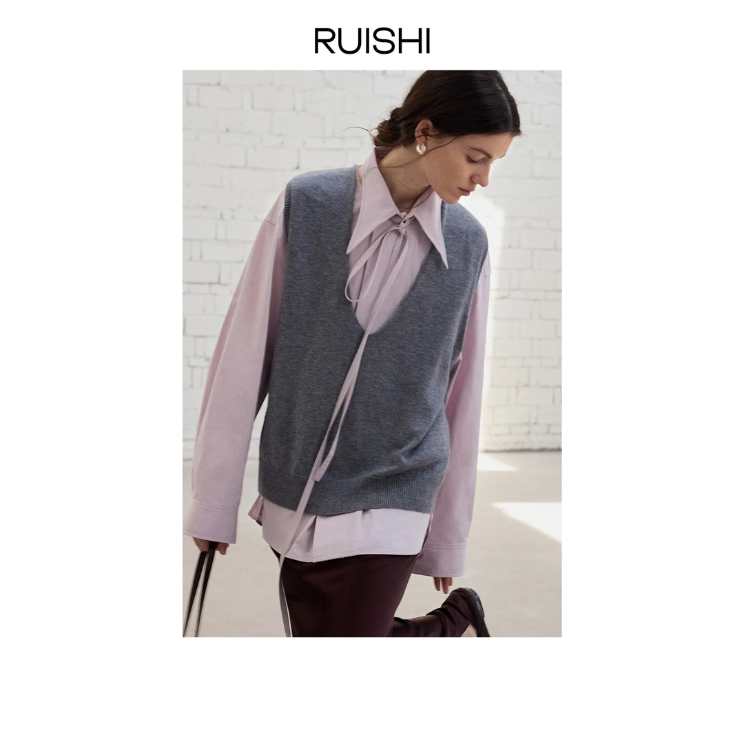 RUISHI芮时100羊毛V领百搭宽松叠穿马甲针织背心女秋R25A178803
