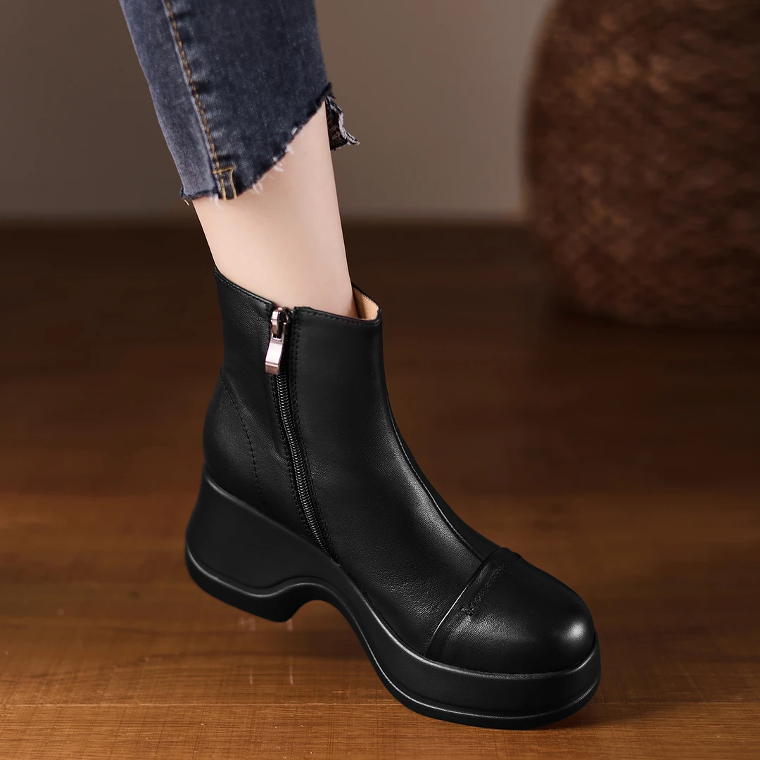 小个子手工女鞋7.3cm~冬季新款侧拉链短靴圆头高跟靴粗跟黑色时尚