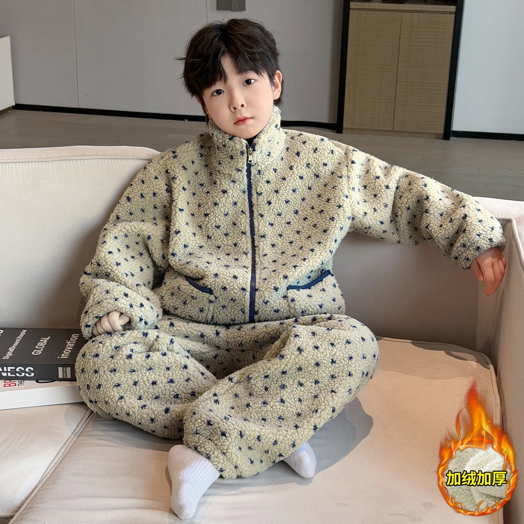 儿童装男童睡衣秋冬款加绒法兰绒男孩家居服中大童珊瑚绒加厚冬季