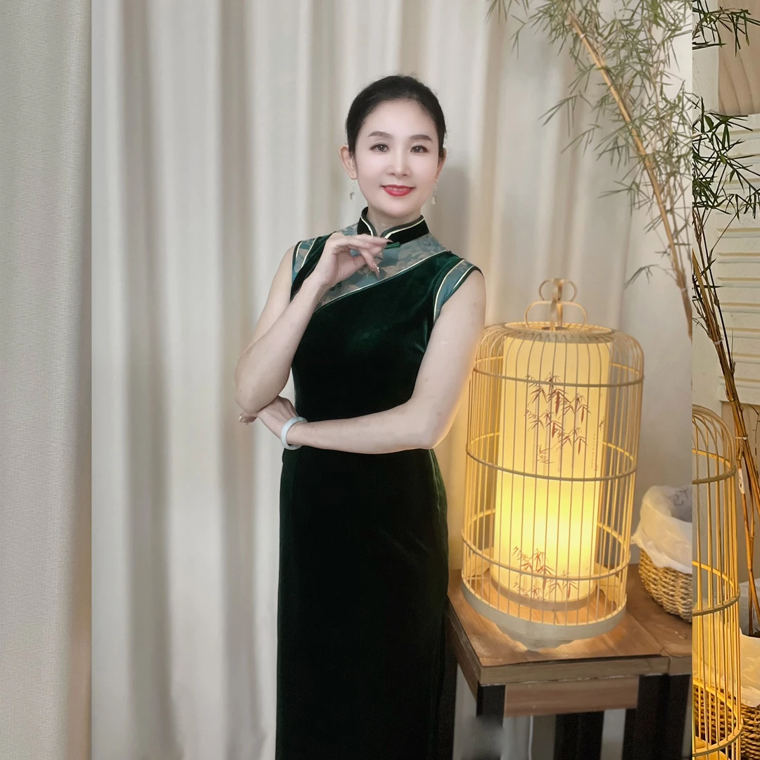 姚君老师新款古典修身金丝绒中长款走秀旗袍XT1139国潮中式织锦缎