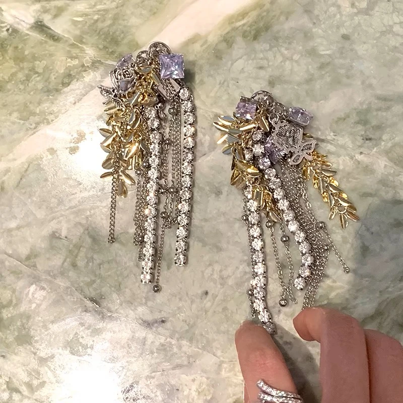 铜合金耳饰 金色烟花麦穗流苏耳环花朵镶锆石高级感拼色