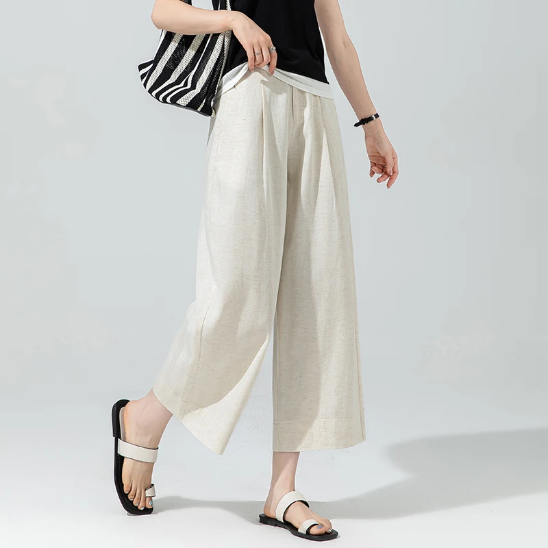 天丝莱赛尔阔腿裤女2025新款麻本色亚麻裤子女夏薄款小个子八分裤