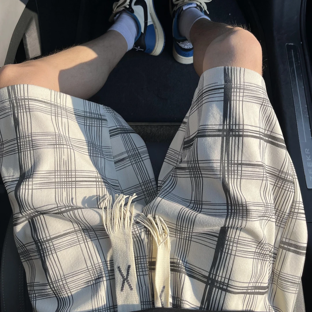 格子运动短裤男夏季大码宽松冰感阔腿沙滩五分裤凉感休闲外穿短裤