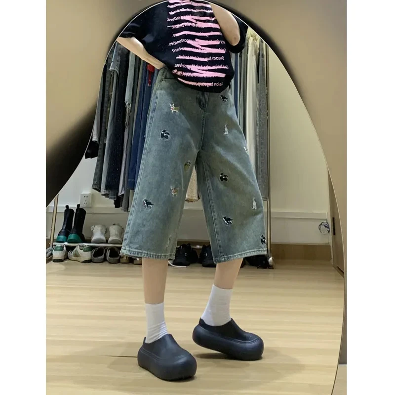 美式复古小狗刺绣牛仔七分裤女2025夏季新款宽松显瘦阔腿裤中裤子