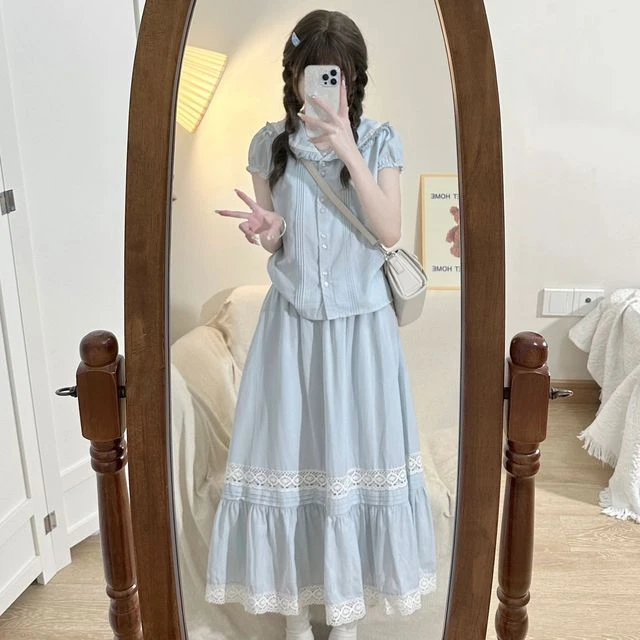 甜美套装女夏季新款温柔娃娃领上衣搭配蓝白半身裙一整套学院风