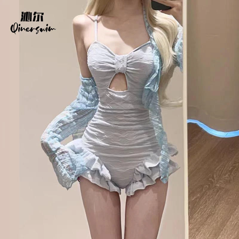 泳衣女款连体两件套装海盐薄荷蓝纯欲风显白遮肉蕾丝沙滩温泉泳衣