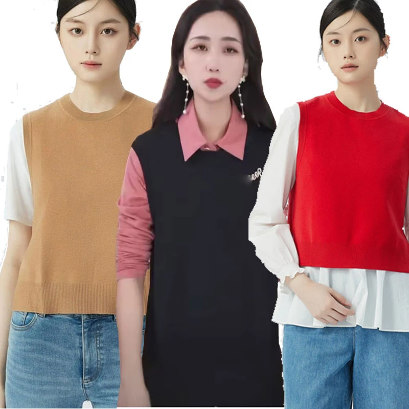 【商场同款】冰丝开叉背心圆领休闲百搭气质无袖针织衫马甲1399701