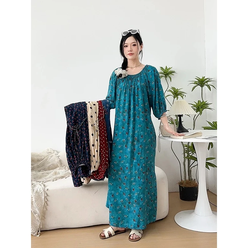 加长款女士夏季薄款中袖碎花宽松大码休闲长睡裙人造棉绵绸连衣裙